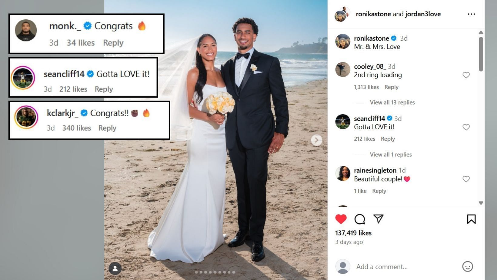 Ronika Stone received congratulations from Sean Clifford, Kenny Clark, and Jacob Monk (Image Credit: Stone/IG)